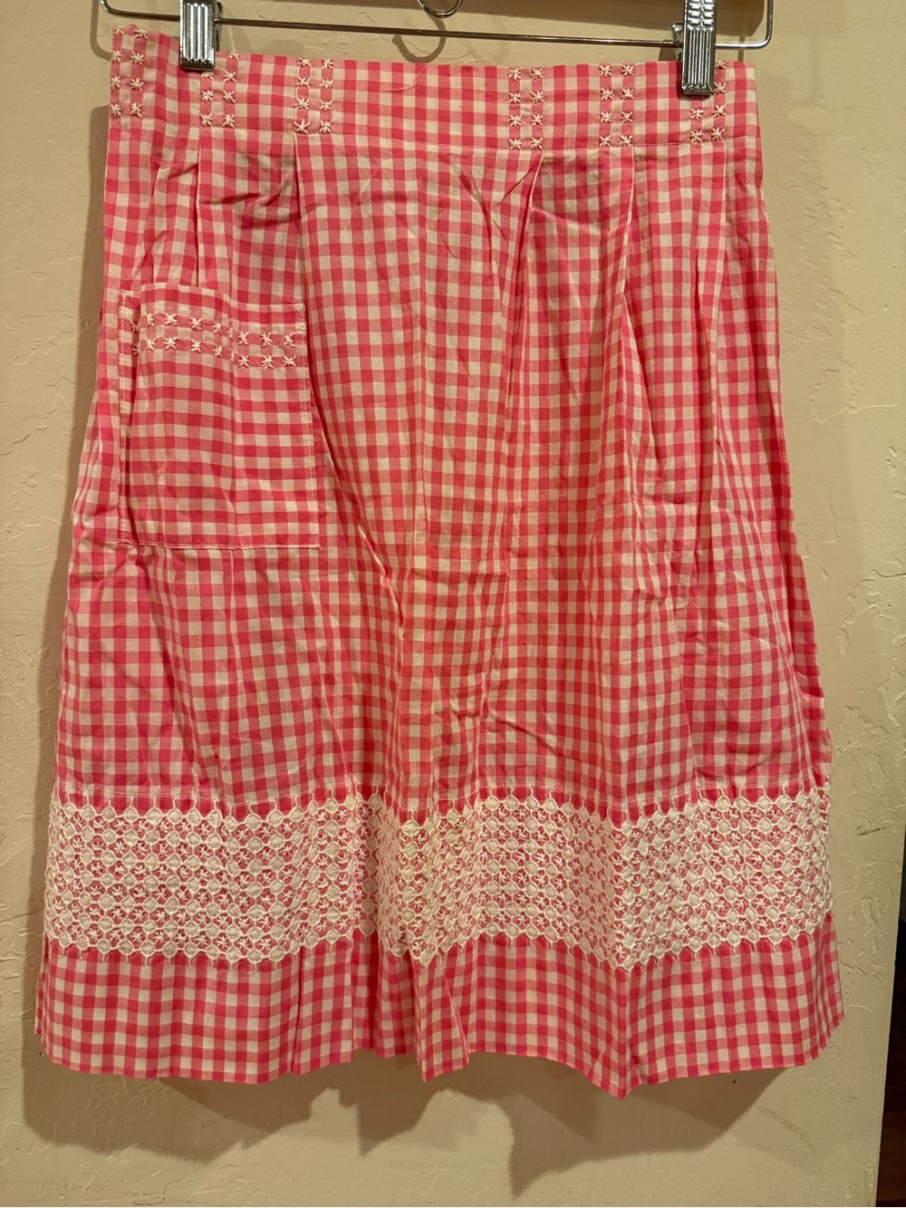 Vintage Pink Gingham Half Apron with Pocket & Lace Trim Cottagecore Retro